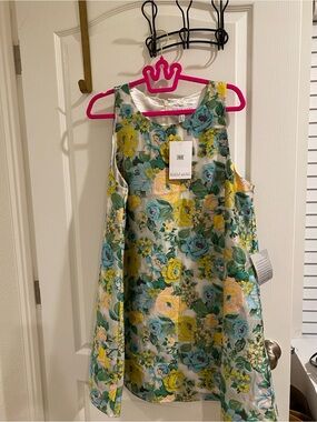 Floral Satin Midi Dress in Yellow & Teal by Badgley Mischka